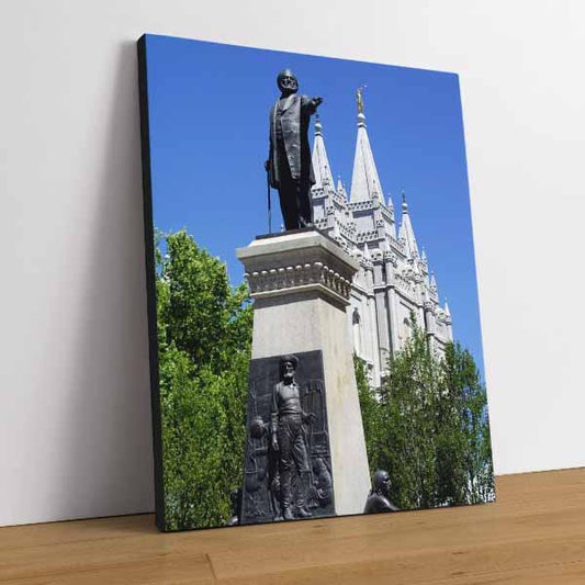 A statue of Brigham Young Stands in the Center of Salt Lake City, Utah