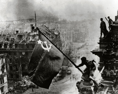 Russian Soldiers Flying Red Flag in Reichstag