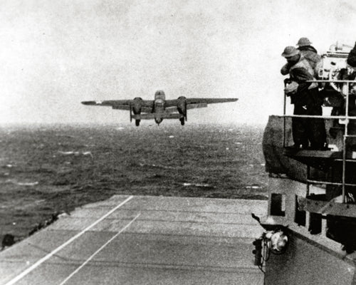 A B 25 bomber taking off from the USS Hornet on a bombing raid of Tokyo