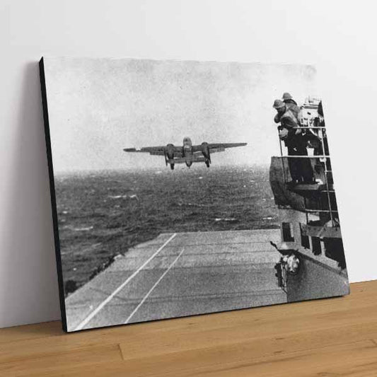 A B 25 bomber taking off from the USS Hornet on a bombing raid of Tokyo