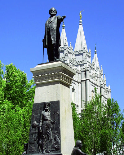 A statue of Brigham Young Stands in the Center of Salt Lake City, Utah